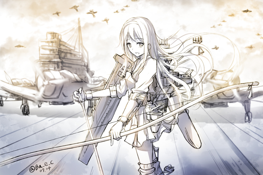 aircraft airplane arrow bad_id bad_pixiv_id bae.c bow_(weapon) dated flight_deck flying grey_eyes hairband headband highres holding japanese_clothes kantai_collection long_hair looking_at_viewer machinery military monochrome muneate open_mouth ship shoukaku_(kantai_collection) skirt smile solo thighhighs twitter_username watercraft watermark weapon white_hair yumi_(bow)
