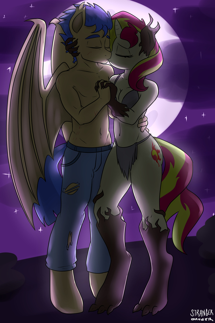 2014 anthro anthrofied bat_pony blonde_hair blue_hair blush breasts cleavage clothed clothing duo equestria_girls equine female flash_sentry_(mlp) friendship_is_magic full_moon hair horn kissing loincloth male mammal moon my_little_pony night outside pegasus red_hair scar scratches sky stars strangerdanger sunset_shimmer_(eg) timberwolf_(mlp) topless torn_clothing transformation two_tone_hair unicorn wings