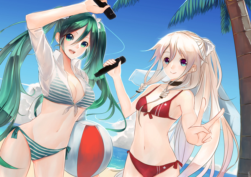 :d aqua_bikini aqua_eyes arm_up ball bangs beach beachball bikini bikini_under_clothes blush braid breasts choker cleavage cloud cowboy_shot crop_top day dutch_angle flat_chest flower foreshortening front-tie_bikini front-tie_top green_eyes green_hair hair_between_eyes hair_flower hair_ornament hair_ribbon hatsune_miku high_ponytail highres holding holding_ball ia_(vocaloid) jun_project lace light_smile long_hair looking_at_viewer microphone multiple_girls navel ocean open_mouth outdoors outstretched_arm palm_tree ponytail red_bikini ribbon see-through shirt side-tie_bikini side_braid sky smile star star_print striped striped_bikini striped_swimsuit swimsuit swimsuit_under_clothes tied_shirt tree twin_braids twintails v very_long_hair vocaloid water white_hair white_shirt wireless