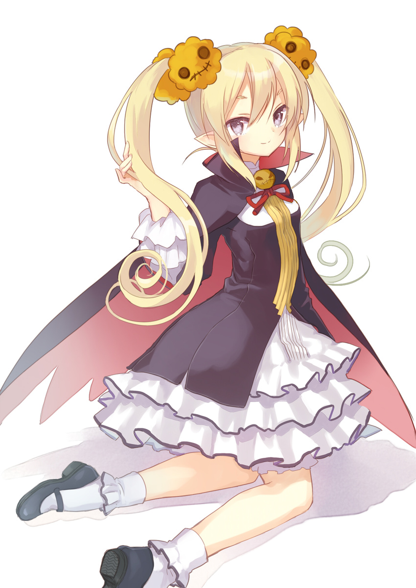 blonde_hair borrowed_character cape frilled_skirt frills grey_hair hair_ornament halloween highres kneeling long_hair looking_at_viewer mary_janes miyoshino original pointy_ears shoes simple_background skirt smile solo twintails vampire white_background