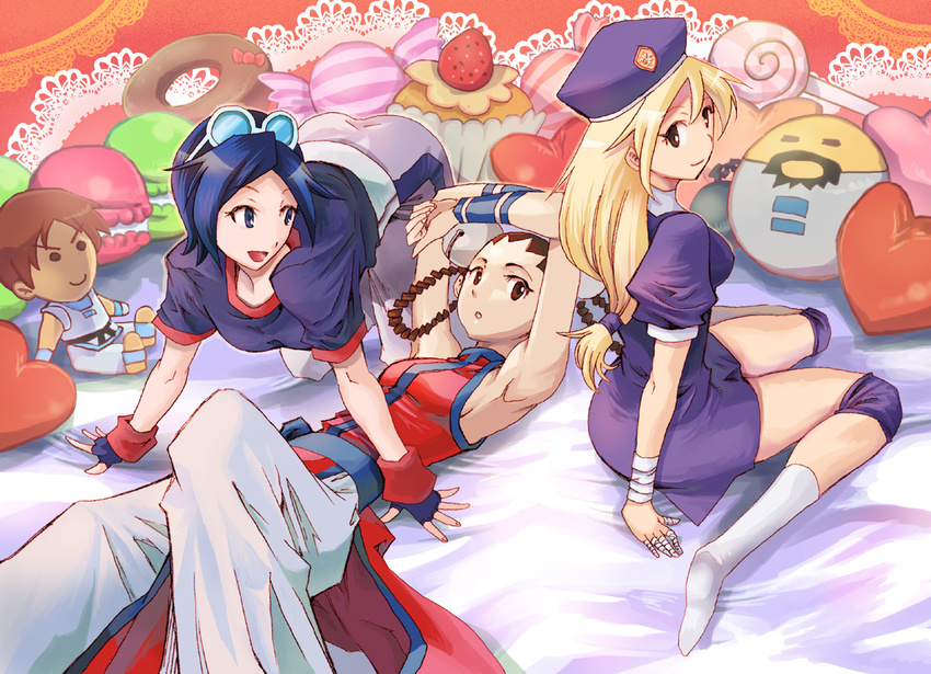 all_fours baggy_pants bandaged_fingers bandages bare_shoulders blonde_hair blue_eyes blue_hair braid breasts character_doll chinese_clothes eyewear_on_head fatal_fury food hair_rings hat kim_kaphwan knee_pads li_xiangfei long_hair low-tied_long_hair lying macaron may_lee multiple_girls on_back pants puffy_short_sleeves puffy_sleeves saturn-freak shijou_hinako shirt short_hair short_sleeves small_breasts socks t-shirt the_king_of_fighters twin_braids