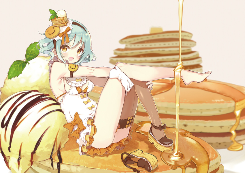 :d bangs bare_shoulders barefoot blouse blue_hair blurry bow bra_strap breasts brown_eyes depth_of_field fang food gloves hair_ornament hairband hands_on_own_knees ice_cream in_food knees_up leg_up looking_at_viewer mary_janes minigirl miniskirt mint miyoshino open_mouth original pancake platform_footwear shoes short_hair sideboob single_shoe single_thighhigh sitting sitting_on_food skirt sleeveless small_breasts smile solo syrup thighhighs white_blouse white_gloves