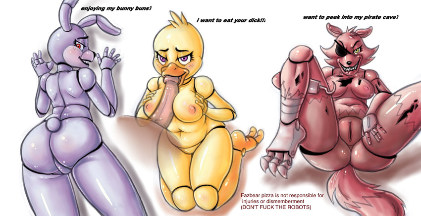 animatronic anthro avian beakjob big_butt bird blush bonnie_(fnaf) breasts butt canine chica_(fnaf) crossgender duck english_text eye_patch eyewear faceless_male female five_nights_at_freddy's fox foxy_(fnaf) hook lagomorph looking_at_viewer looking_back machine male mammal mechanical nude oral oral_sex penis pirate presenting presenting_hindquarters purple_eyes pussy rabbit red_eyes robot sex sharp_teeth smile teeth text titfuck yellow_eyes