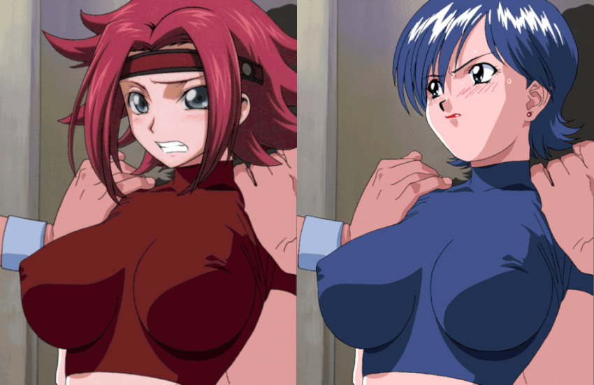 2boys 2girls 90s animated animated_gif blue_hair blush bounce bouncing_breasts breasts censored clenched_teeth code_geass comparison cutting cutting_clothes edited erect_nipples glistening_eyes gray_eyes headband holding holding_knife holding_weapon kallen_stadtfeld knife large_breasts lipstick looking_at_viewer makeup miki_(viper) multiple_boys multiple_girls nervous nipples no_bra oldschool open_mouth out_of_frame red_hair red_lips restrained shirt short_hair side-by-side sogna standing sweat switchblade tearing_clothes teeth third-party_edit torn_clothes traced undressing viper viper_ctr weapon you_gonna_get_raped