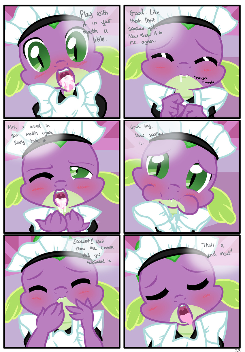 absurd_res ambiguous_gender blush close-up comic cum cum_eating cum_in_mouth cum_inside dragon english_text eyes_closed fangs feral friendship_is_magic green_eyes headdress hi_res maid_uniform my_little_pony one_eye_closed open_mouth purple_scales pyruvate scalie slit_pupils solo spike_(mlp) text tongue tongue_out