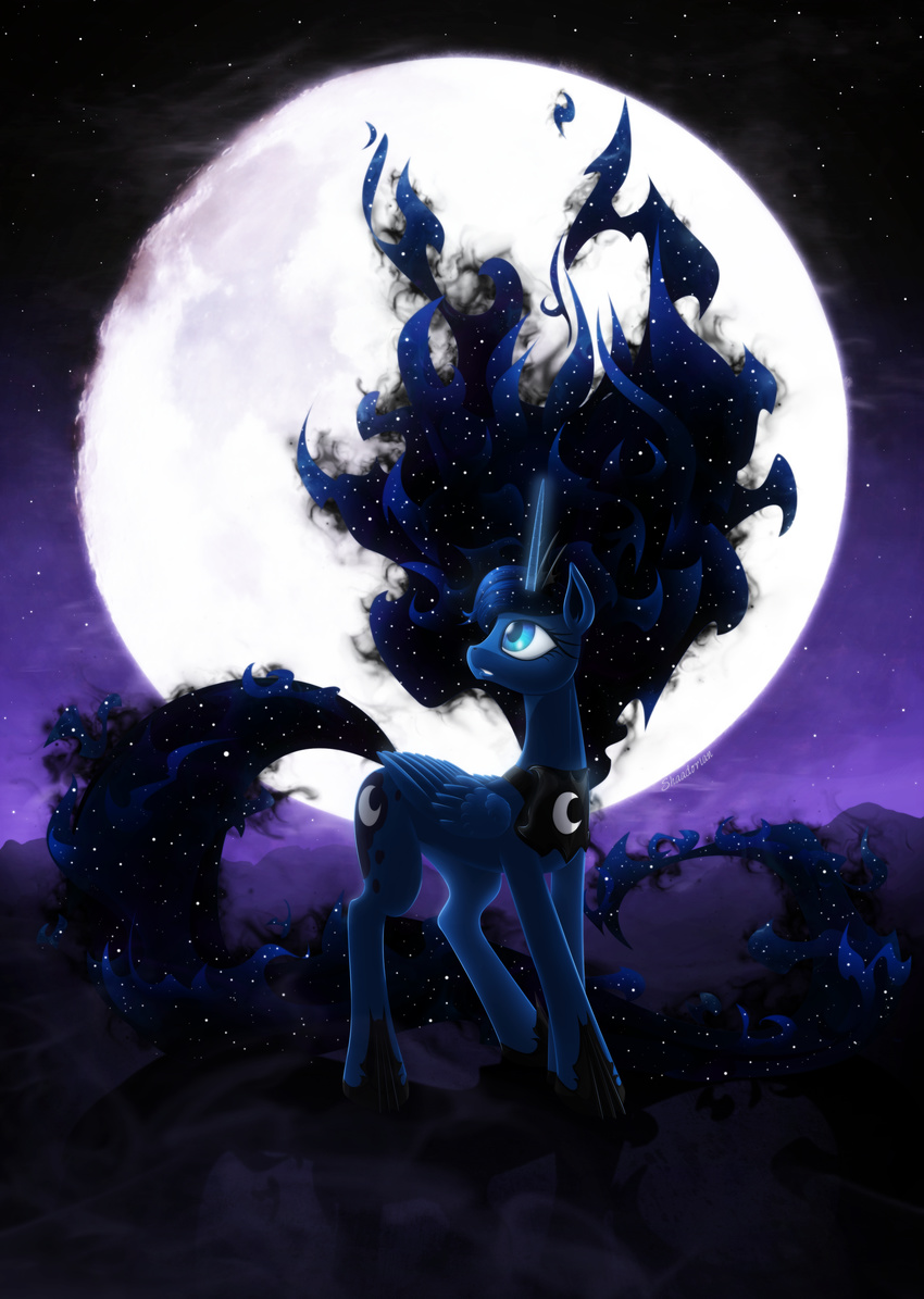 2014 backlighting blue_eyes blue_fur blue_hair cutie_mark equine female friendship_is_magic fur hair horn horse long_tail looking_up mammal moon my_little_pony night pony princess princess_luna_(mlp) royalty shaadorian solo standing stars winged_unicorn wings