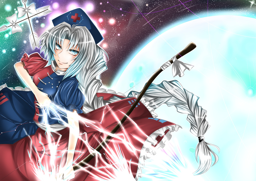 arrow blue_eyes bow bow_(weapon) constellation cross dress electricity energy frills galaxy glowing glowing_weapon hair_ornament hat highres ichinose_rom lips long_hair looking_at_viewer moon multicolored multicolored_clothes multicolored_dress nurse nurse_cap puffy_short_sleeves puffy_sleeves short_sleeves silver_hair slit_pupils smile smug solo space sparkle star_(sky) touhou very_long_hair weapon yagokoro_eirin