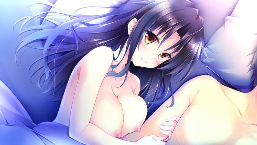 1girl areolae bed bed_sheet blush breast_press breasts game_cg golden_marriage hayakawa_harui highres large_breasts long_hair lying nipples nude on_side pillow purple_hair shimakage_ruri smile yellow_eyes