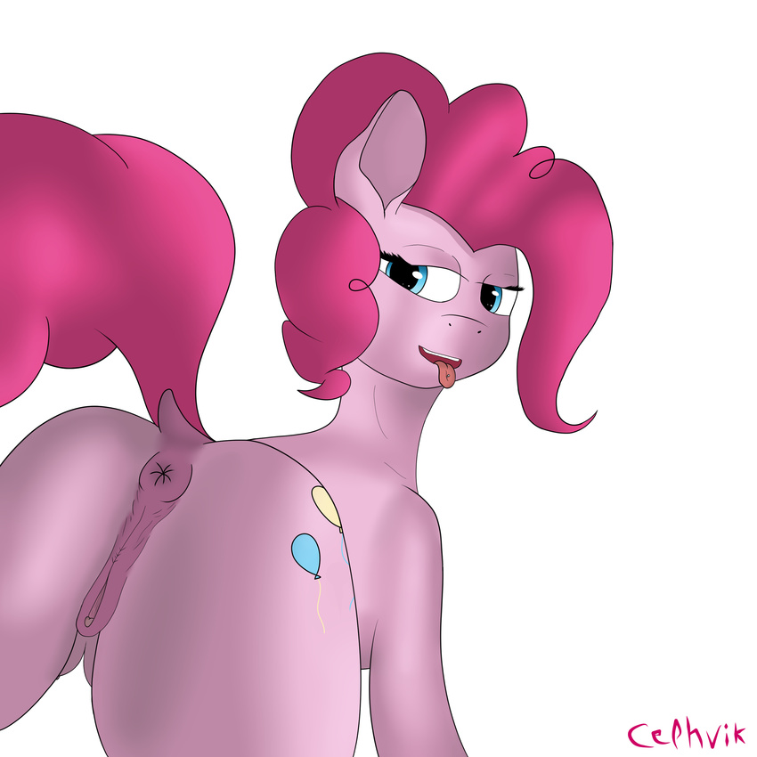absurd_res anus back_turned bedroom_eyes blue_eyes butt cephvik clitoris cutie_mark equine female feral friendship_is_magic fur hair hi_res hooves horse looking_at_viewer looking_back mammal my_little_pony open_mouth pink_fur pink_hair pinkie_pie_(mlp) plain_background pony presenting presenting_hindquarters pussy raised_tail smile solo tongue tongue_out