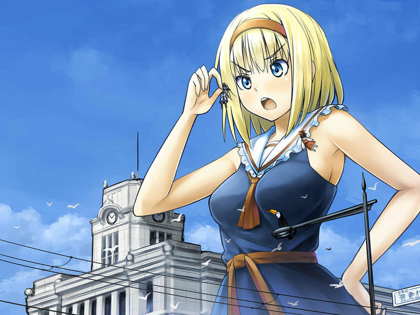 :o alice_margatroid angry antennae apron armpits bangs bare_arms bare_shoulders bird black_dress blonde_hair blue_dress blue_eyes blue_sky bow breasts building clock cloud day dress giantess hairband hakurei_reimu hand_on_hip hat hat_bow headband holding kirisame_marisa kuro_oolong lamppost large_breasts looking_at_another multiple_girls no_bra open_mouth power_lines ribbon sailor_collar sash shirt sideboob skirt skirt_set sky sleeveless sleeveless_dress taitou_(tokyo) tokyo_(city) toucan touhou v-shaped_eyebrows witch_hat