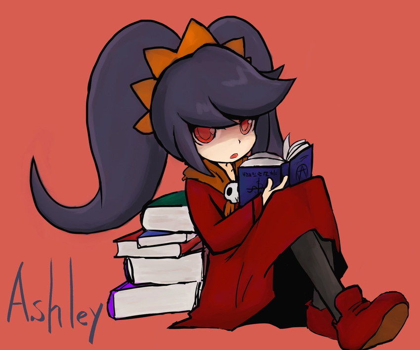 ashley ashley_(warioware) black_hair book character_name female long_hair nintendo open_mouth red_eyes sitting solo super_mario_bros. twintails warioware