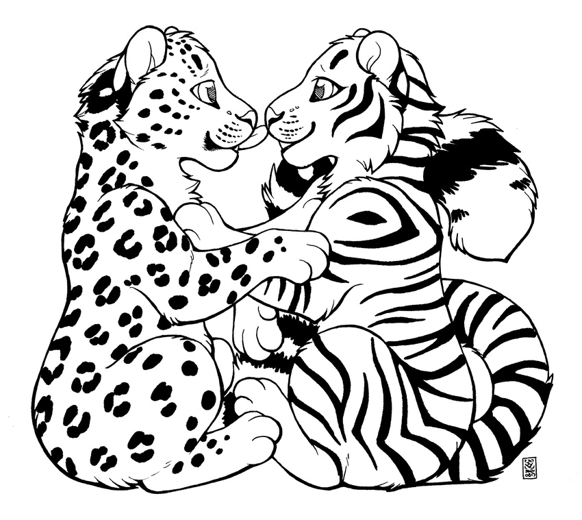 2013 ambiguous_gender chibi cuddling cute feline frionil kuraihan leopard licking mammal shinigamigirl snow_leopard spots stripes tiger tongue white_tiger