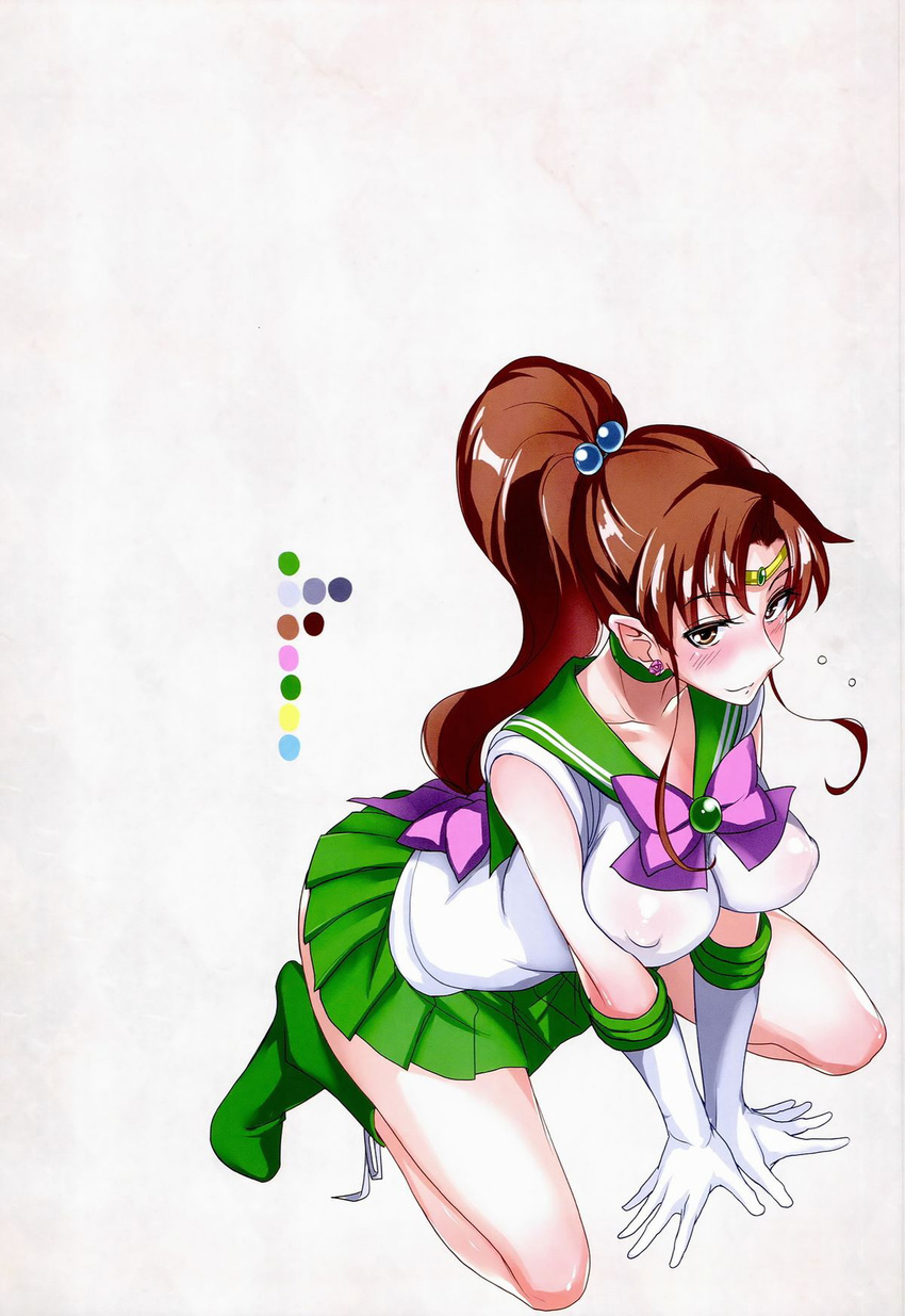 all_fours back_bow bishoujo_senshi_sailor_moon blush boots bow breasts breath brown_hair choker color_guide covered_nipples doujinshi earrings elbow_gloves from_above gloves green_choker green_footwear green_sailor_collar green_skirt high_heels highres isao jewelry kino_makoto kneeling large_breasts long_hair long_ponytail magical_girl miniskirt pink_bow ponytail purple_eyes sailor_collar sailor_jupiter sailor_senshi_uniform scan see-through shoes skirt sleeveless solo tiara v_arms white_gloves