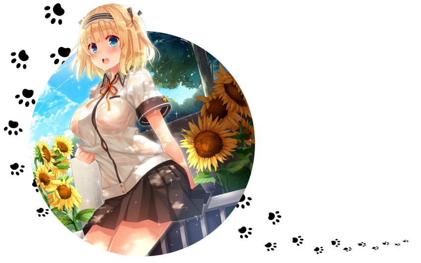 blonde_hair blue_eyes blush breasts covered_nipples fence flower hair_ribbon hairband hatachi highres large_breasts one_side_up open_mouth original paw_print ribbon see-through_silhouette shirt_grab short_hair skirt solo sunflower tree wall wet wet_clothes