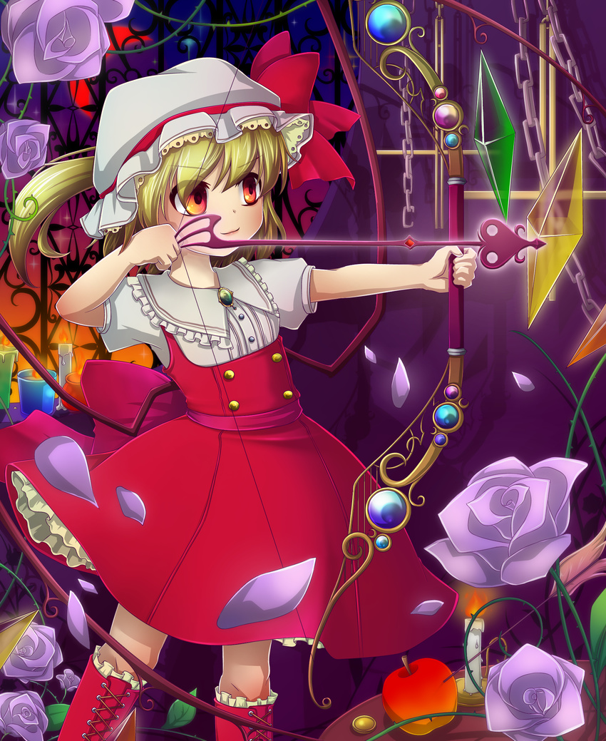 alternate_weapon archery blonde_hair bow_(weapon) candle chain cross-laced_footwear flandre_scarlet flower frilled_hat frilled_skirt frills hat hat_ribbon highres kakiikada laevatein mob_cap petals red_eyes ribbon rose short_hair skirt smile solo touhou vest weapon wings