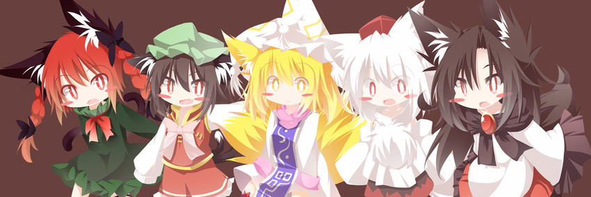 animal_ears bare_shoulders blonde_hair blush_stickers brooch brown_background brown_hair cat_ears cat_tail chen chibi daidai_ookami detached_sleeves dressing fang fox_ears fox_tail hair_ornament hat imaizumi_kagerou inubashiri_momiji jewelry kaenbyou_rin long_hair long_sleeves multiple_girls multiple_tails nekomata open_mouth pom_pom_(clothes) red_eyes red_hair short_hair silver_hair simple_background tail tokin_hat touhou twintails wolf_ears yakumo_ran yellow_eyes