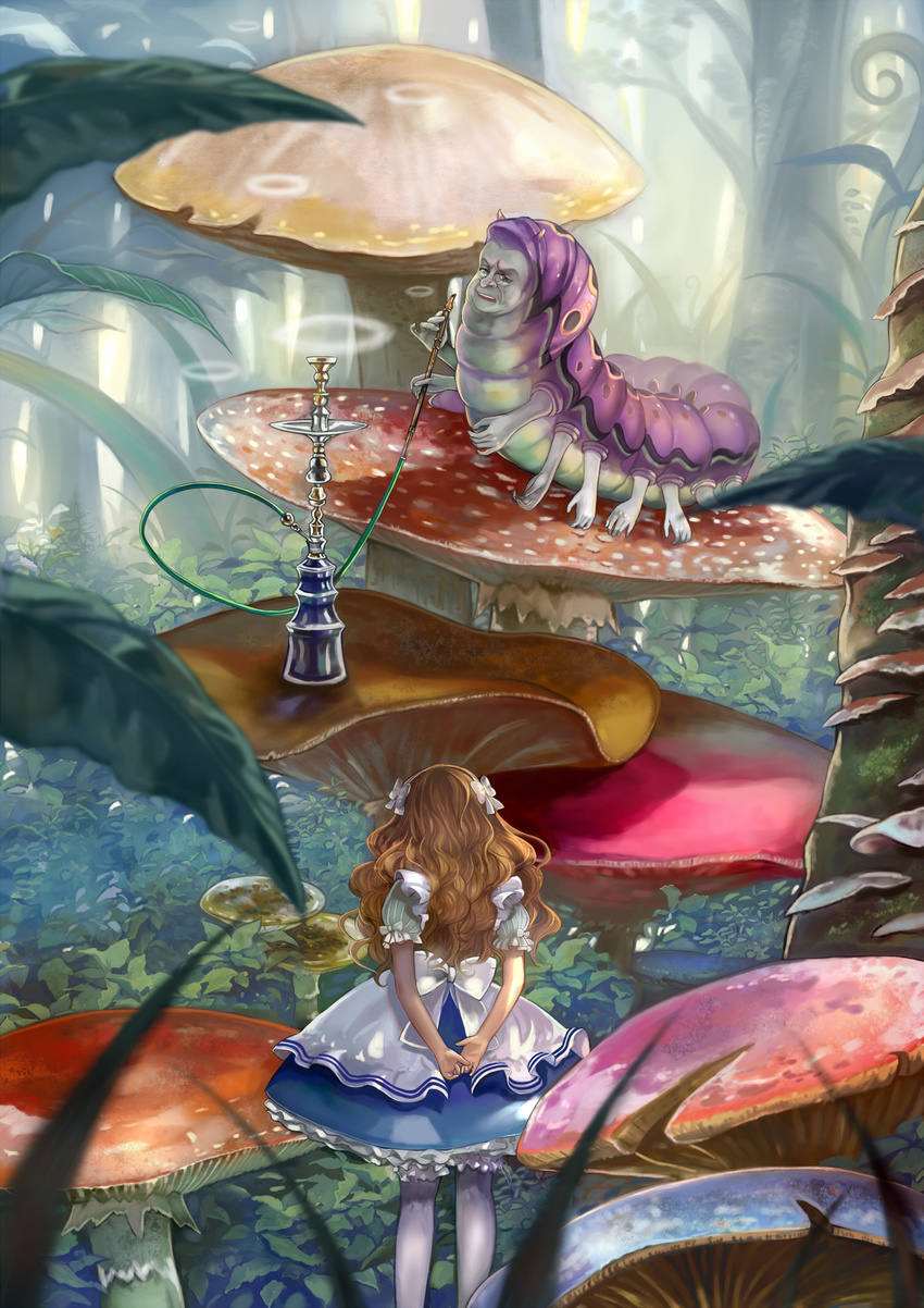 alice_(wonderland) alice_in_wonderland arms_behind_back bow brown_hair caterpillar_(wonderland) forest from_behind glasses hair_bow highres hookah kneepits mushroom nature pisuke skirt smoke_ring standing thighhighs white_legwear