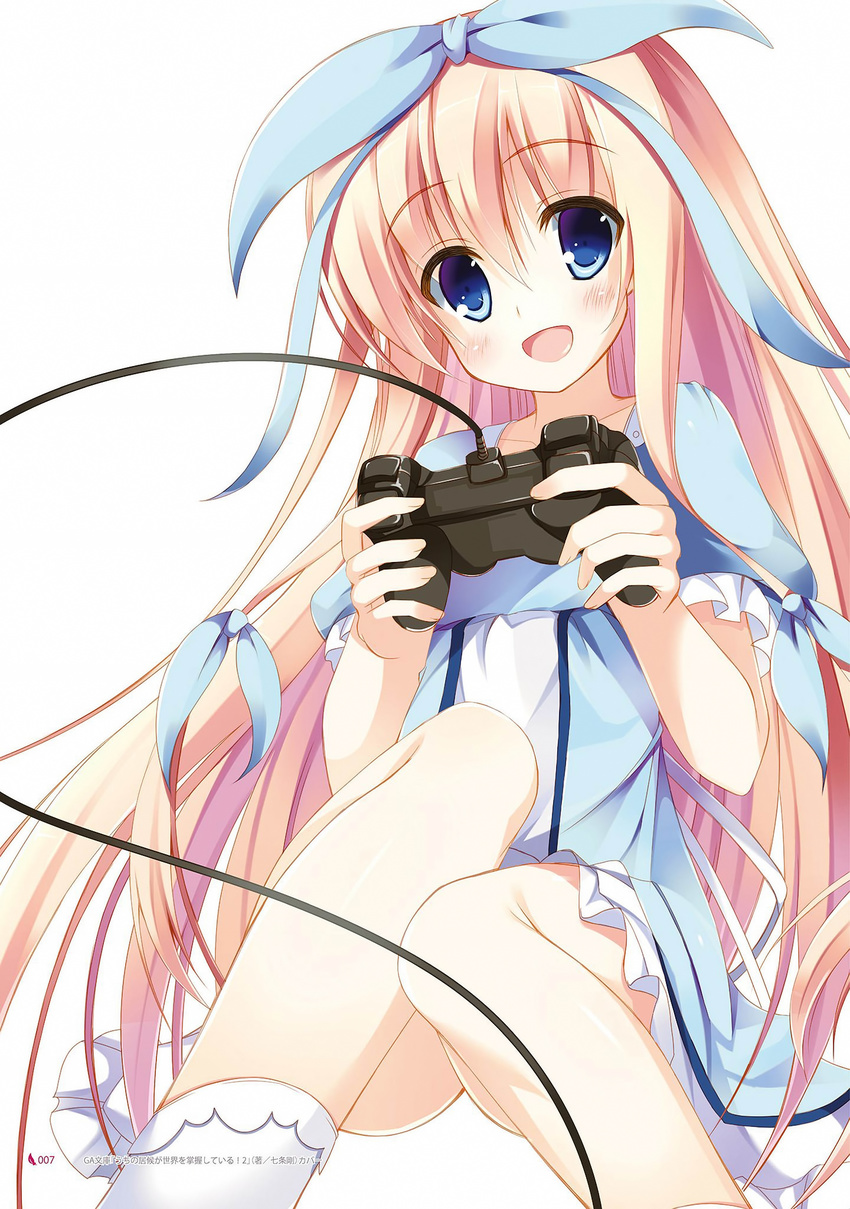 :d blonde_hair blue_eyes blush controller dress dualshock game_controller gamepad hair_ribbon highres holding iiyama_yuuki long_hair looking_at_viewer nozomi_tsubame open_mouth ribbon simple_background sitting smile solo uchi_no_isourou_ga_sekai_wo_shouaku_shiteru! very_long_hair white_background