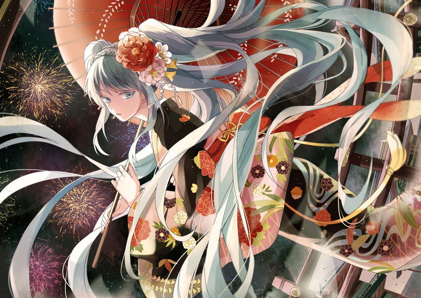 aerial_fireworks aqua_eyes aqua_hair braid fireworks floral_print flower hair_flower hair_ornament hatsune_miku japanese_clothes kimono long_hair long_sleeves looking_at_viewer looking_to_the_side michi_(iawei) night obi open_mouth outdoors parasol sash sideways solo twintails umbrella very_long_hair vocaloid wide_sleeves