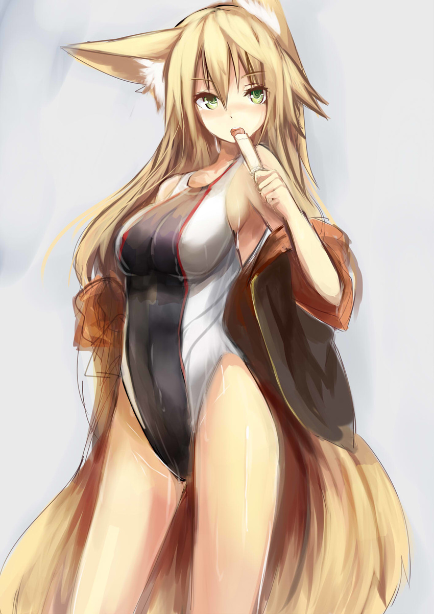 animal_ears blonde_hair blush breasts competition_swimsuit food fox_ears fox_tail green_eyes haik highleg highleg_swimsuit highres kokonoe_tsubaki large_breasts long_hair looking_at_viewer multiple_tails one-piece_swimsuit open_mouth original popsicle simple_background sketch solo swimsuit tail