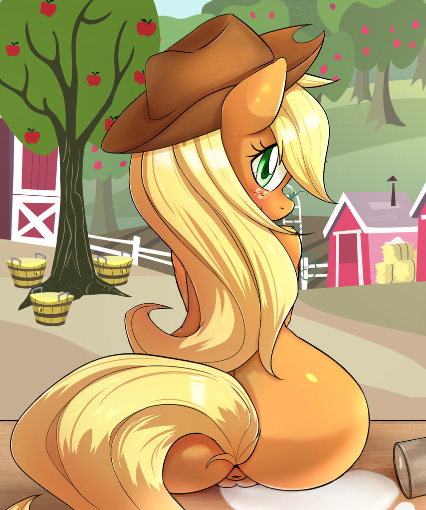 2014 anthro anthrofied anus apple applejack_(mlp) aryanne back_turned barn blonde_hair butt cowboy_hat earth_pony equine eyelashes female freckles friendship_is_magic fruit fur glass green_eyes hair hat hay horse long_hair looking_back mammal milk my_little_pony nude orange_fur outside pony pussy sitting smile solo spill tree