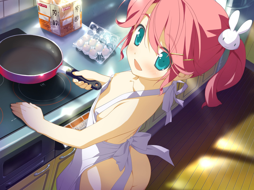 apron ass cooking flat_chest game_cg green_eyes hair_ornament highres hoshizora_no_memoria indoors kogasaka_chinami looking_at_viewer naked_apron nipple_slip nipples open_mouth pink_hair shida_kazuhiro solo