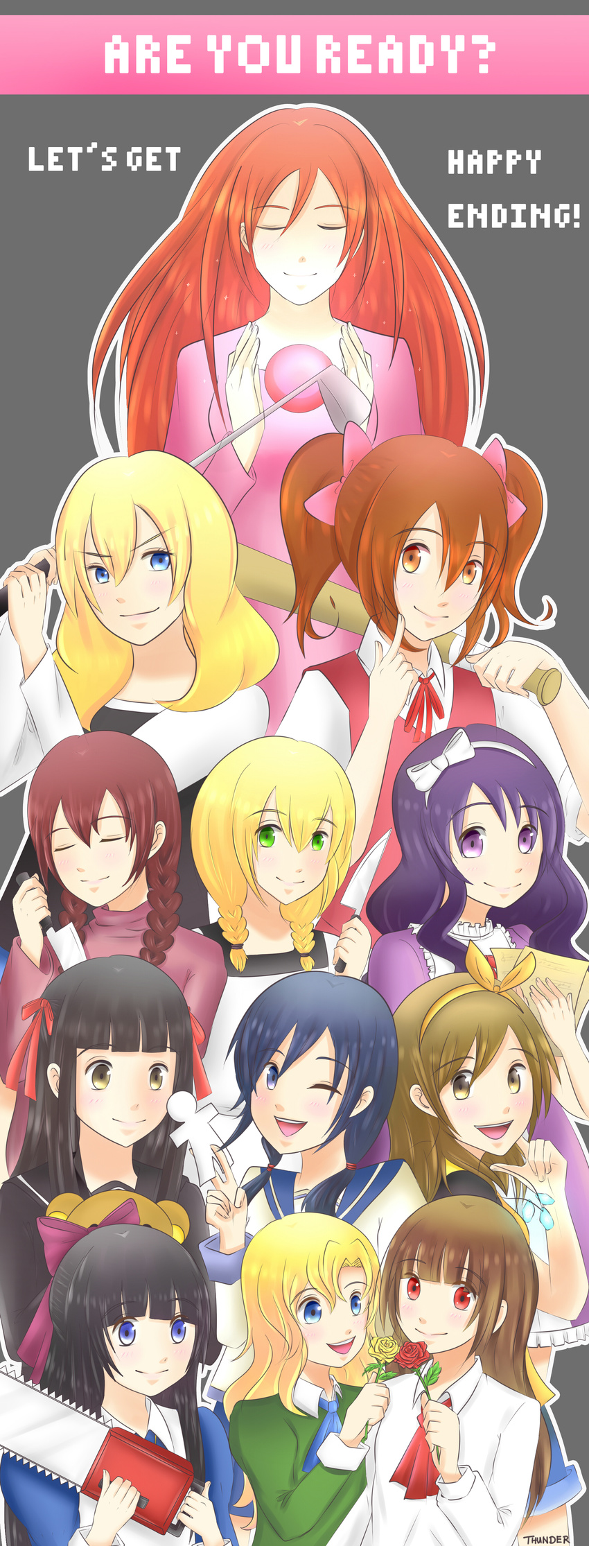 absurdres aki_(misao) artist_name aya_drevis bangs baseball_bat black_hair blonde_hair blue_eyes blue_hair blunt_bangs blush bow braid brown_eyes brown_hair chainsaw chloe_ardenne chloe_no_requiem closed_eyes collared_shirt commentary corpse_party cravat crossover dress english eyelashes flower golf_club green_eyes hair_bow hair_ornament hair_ribbon hairband highres hime_cut himeno_mikoto ib ib_(ib) jewelry kaii_shoukougun kaminari-chan kanzaki_shiori kirisame_ga_furu_mori knife large_bow long_hair looking_at_another looking_at_viewer mad_father madotsuki majo_no_ie mary_(ib) misao multiple_crossover multiple_girls necklace ningyo_numa one_eye_closed orange_eyes orb pink_bow purple_eyes purple_hair red_eyes red_flower red_hair red_ribbon red_rose ribbon rose school_uniform serafuku shinozaki_ayumi shirt short_hair short_twintails sidelocks smile sophie_grundler stuffed_animal stuffed_toy teddy_bear the_sandman_(video_game) twin_braids twintails viola_(majo_no_ie) weapon yamazaki_rin yellow_eyes yellow_flower yellow_rose yume_nikki