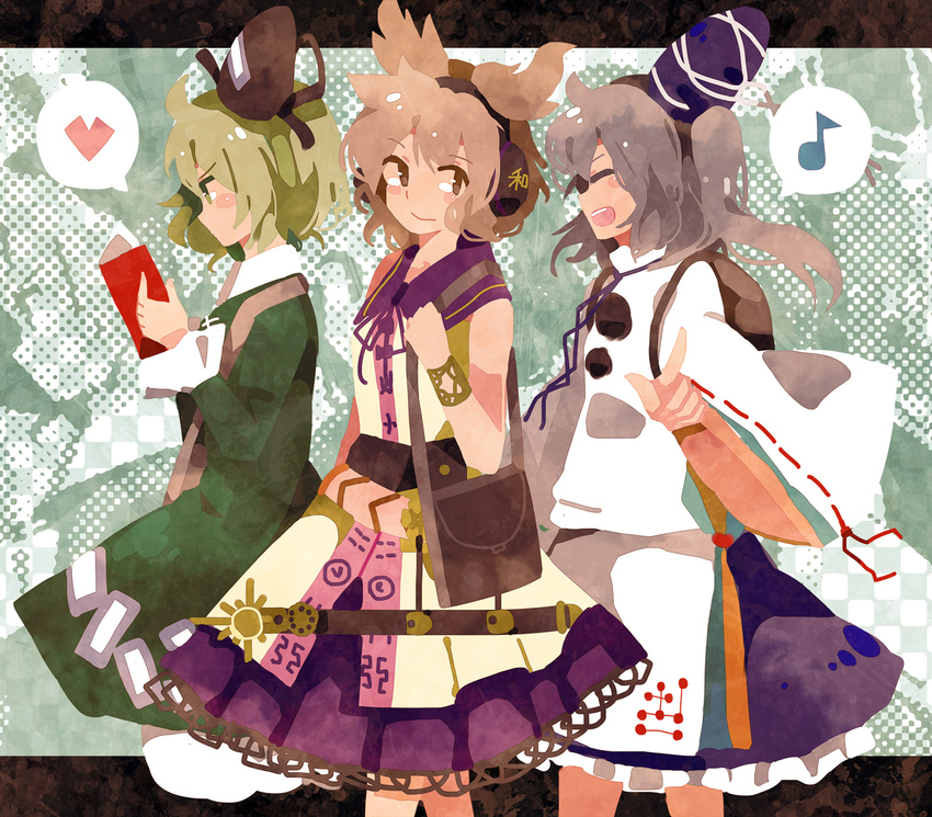 bad_id bad_pixiv_id bare_shoulders book brown_eyes brown_hair earmuffs eighth_note ghost_tail green_eyes green_hair grey_hair hat hazuki_shino heart highres karigurashi_no_arrietty mononobe_no_futo multiple_girls musical_note pointy_hair ponytail reading sleeveless smile soga_no_tojiko speech_bubble spoken_heart spoken_musical_note tate_eboshi touhou toyosatomimi_no_miko wide_sleeves