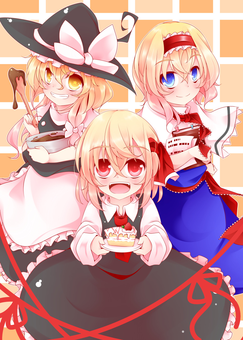 +_+ 3girls absurdres alice_margatroid ascot black_dress blonde_hair blue_dress blue_eyes book cake capelet chocolate dress dress_shirt food fruit grin hair_ribbon hairband hat highres kirisame_marisa kuroyume_(dark495) long_hair multiple_girls open_mouth red_eyes ribbon rumia shirt short_hair smile star star-shaped_pupils strawberry symbol-shaped_pupils touhou wooden_spoon yellow_eyes