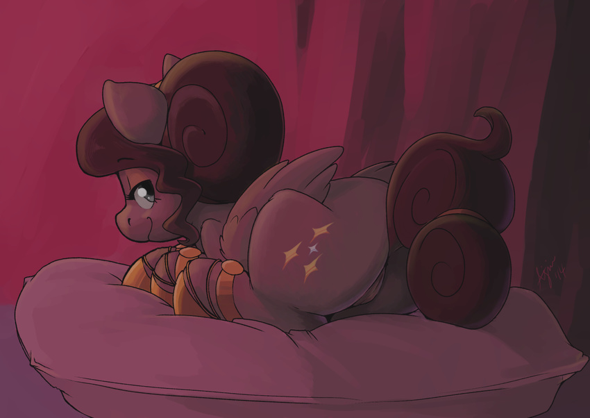 ajin back_turned bedroom_eyes brown_fur brown_hair clitoris cutie_mark equine feathers female friendship_is_magic fur grey_eyes hair hooves horse inside looking_at_viewer looking_back mammal my_little_pony original_character pegasus pillow pony presenting pussy raised_tail smile solo wings