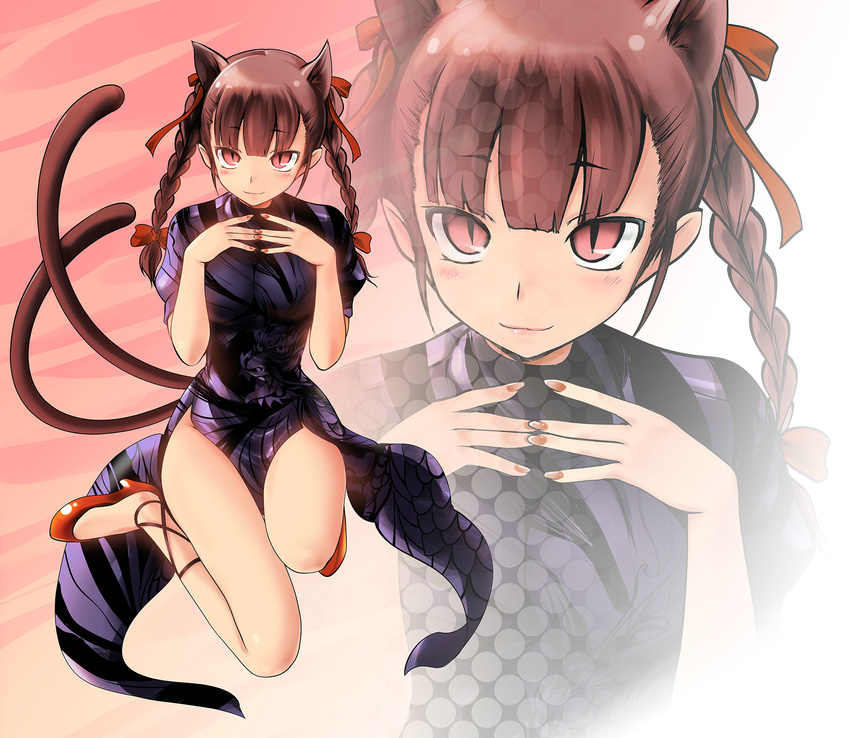 alternate_costume animal_ears braid cat_ears cat_tail china_dress chinese_clothes dress extra_ears highres kaenbyou_rin multiple_tails namamo_nanase nekomata pointy_ears red_eyes red_hair slit_pupils solo tail touhou twin_braids