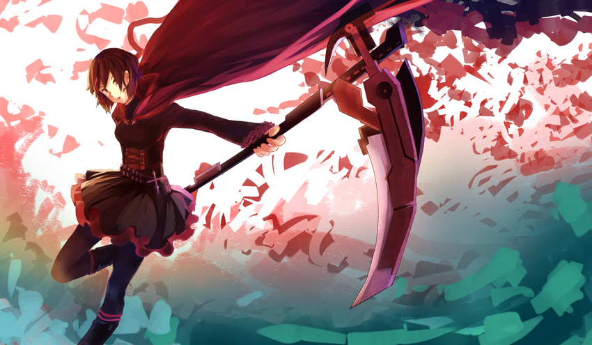 black_hair dress highres open_mouth pantyhose ruby_rose rwby scythe short_hair solo weapon