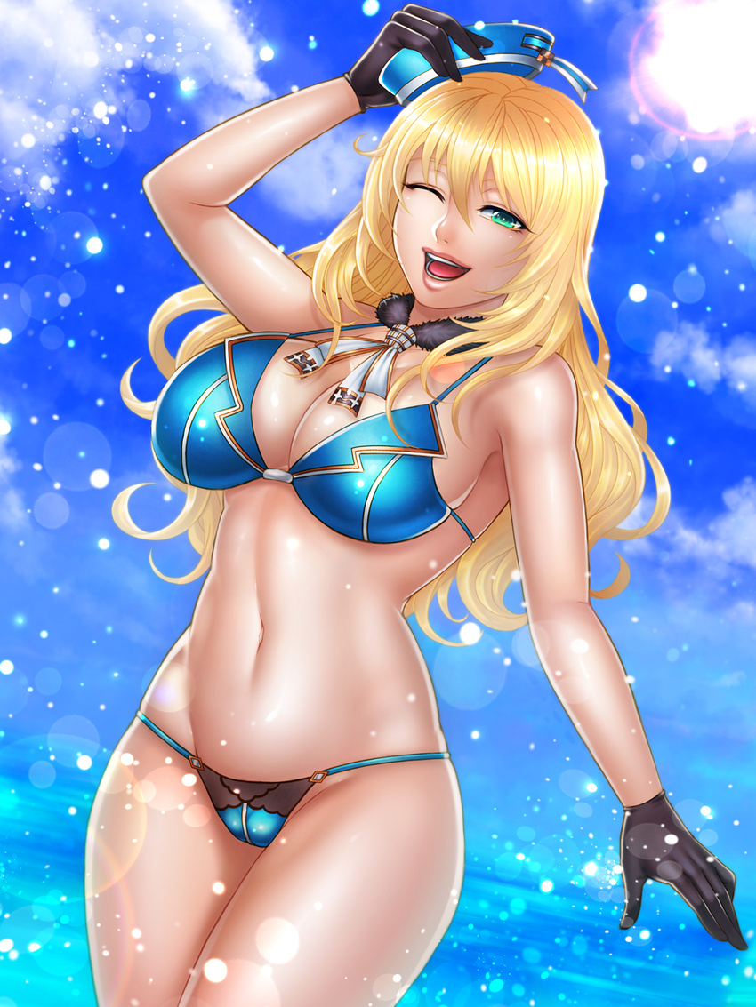 ;d adapted_costume atago_(kantai_collection) bikini black_gloves blonde_hair blue_bikini breasts cleavage gloves green_eyes halterneck hat highres kantai_collection large_breasts long_hair momoman_(pink_voltage) one_eye_closed open_mouth smile solo swimsuit