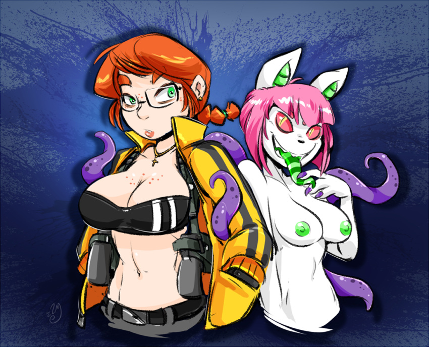 abstract_background anthro areola belt biped black_nose blue_background braided_hair breast_size_difference breasts canine claws cleavage clothed clothing crop_top duckdraw duo ear_piercing eyewear female fox freckles fur glasses green_areola green_ears green_eyes green_nipples green_tongue gun hair half-length_portrait handgun hands_in_pockets holster human jacket jewelry lips long_tongue looking_at_viewer mammal miss_katonic monster navel necklace nipples orange_eyebrows orange_hair pale_skin piercing pink_hair pink_sclera pistol portrait purple_claws ranged_weapon shadow shirt short_hair simple_background slit_pupils smile striped_tongue teeth tentacles thick_bottom_lip tongue topless trudee_macready two_tone_ears two_tone_tongue weapon white_ears white_fur yellow_eyes