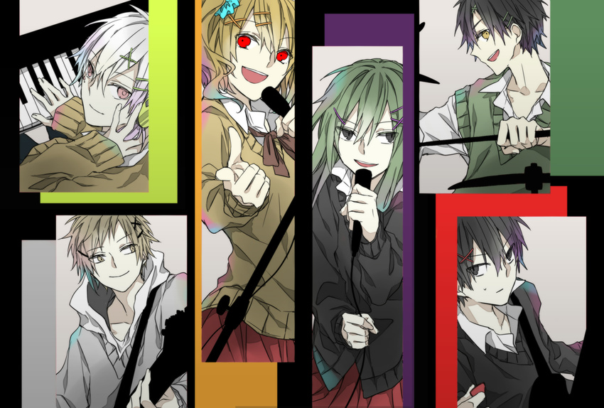 4boys black_hair brown_hair drumsticks electric_guitar fujiori_(ayacoe727) green_hair guitar hair_ornament hairclip instrument kagerou_project kano_shuuya keyboard_(instrument) kido_tsubomi kisaragi_momo kisaragi_shintarou konoha_(kagerou_project) long_hair multiple_boys multiple_girls red_eyes school_uniform seto_kousuke short_hair silver_hair