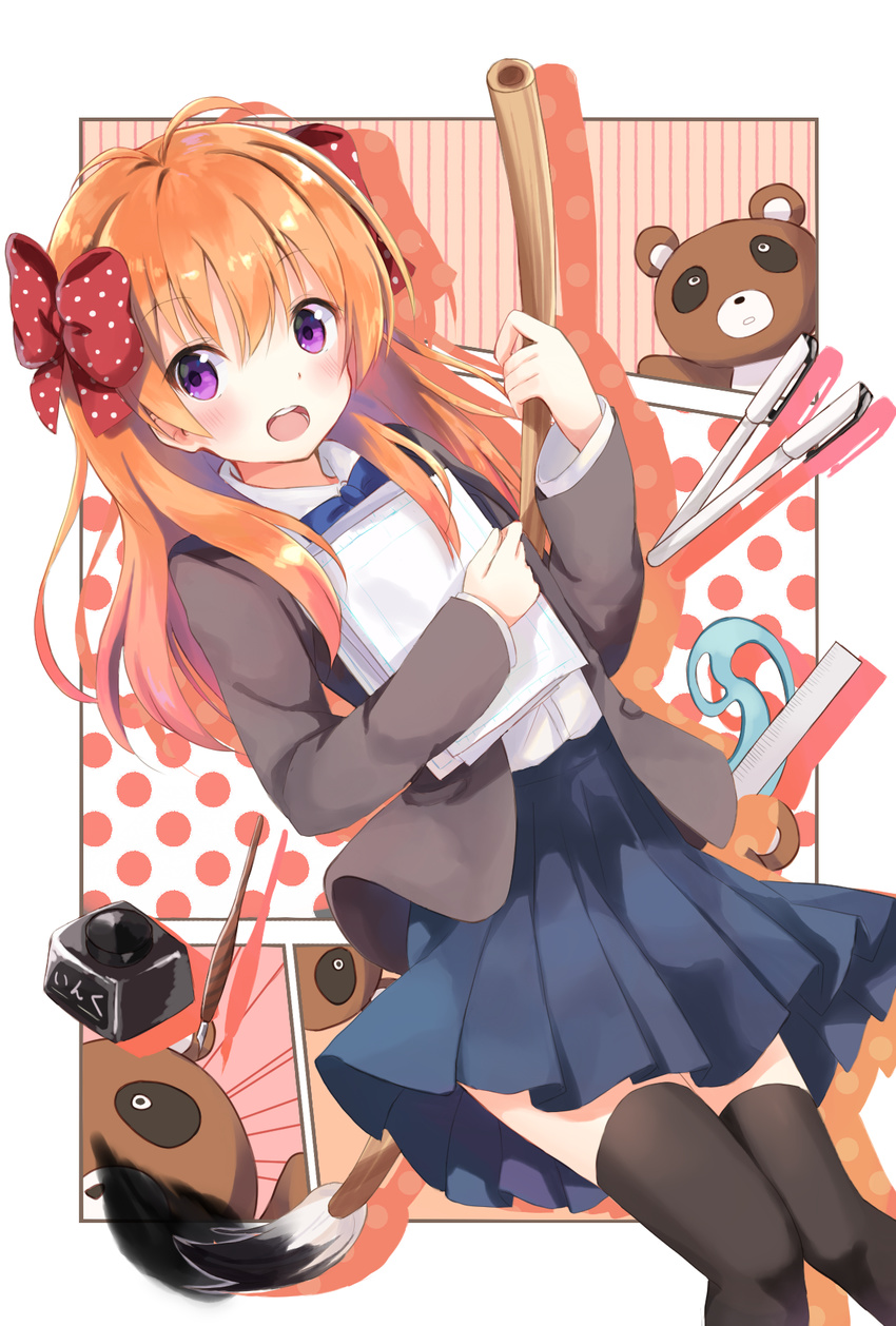 :d ahoge black_legwear bow brown_hair gekkan_shoujo_nozaki-kun hair_bow hair_ribbon highres long_hair looking_at_viewer nonono open_mouth pleated_skirt polka_dot polka_dot_bow purple_eyes raccoon ribbon rouman_academy_uniform sakura_chiyo school_uniform skirt smile solo tanuki thighhighs zettai_ryouiki