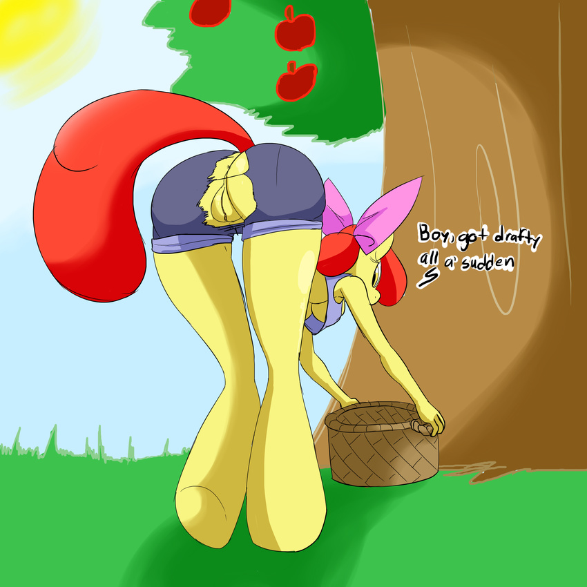 amber_eyes anthro anus apple_bloom_(mlp) back_turned basket bent_over breasts clitoris clothing denizen1414 equine female friendship_is_magic fur hair hi_res hooves horse mammal my_little_pony older outside pony pussy raised_tail red_hair solo text torn_clothing tree under_boob yellow_fur