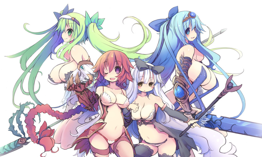 :d ;d bare_shoulders blue_eyes blue_hair blush bow braid breasts cleavage collarbone covered_nipples eyebrows_visible_through_hair green_eyes green_hair hair_ribbon hairband holding holding_weapon kawahara_megumi lance large_breasts long_hair looking_at_viewer multiple_girls navel one_eye_closed open_mouth original polearm profile purple_eyes red_hair ribbon round_teeth simple_background single_braid smile suspenders teeth twintails very_long_hair wand weapon white_background white_hair yellow_eyes