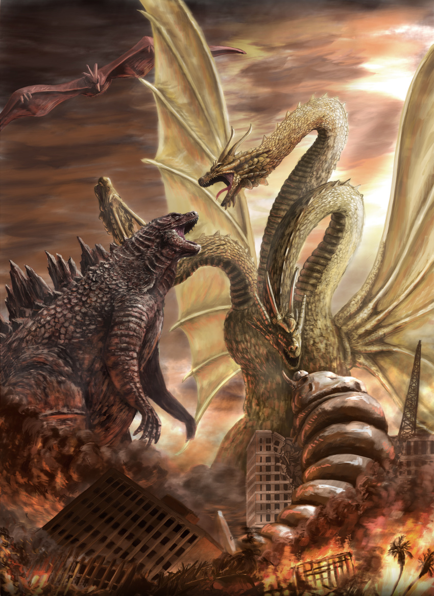 battle burning cityscape destruction fire godzilla godzilla_(series) highres hipy_(image_oubliees) kaijuu king_ghidorah monster mothra multiple_heads no_humans palm_tree rodan ruins scales sky tree wings