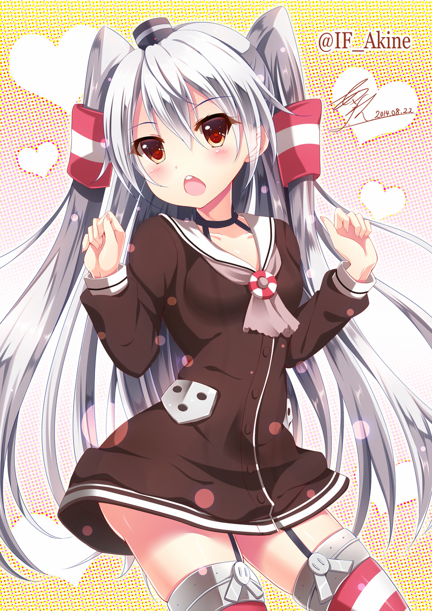 akine_(kuroyuri) amatsukaze_(kantai_collection) blush brown_eyes chestnut_mouth choker clenched_hands contrapposto dated dress garter_straps grey_neckwear hair_tubes headgear heart highres kantai_collection long_hair neckerchief sailor_collar sailor_dress signature silver_hair solo standing striped striped_legwear thighhighs twitter_username two_side_up