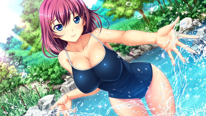 bangs blue_eyes blue_swimsuit blush breasts bush cleavage competition_school_swimsuit cowboy_shot day dutch_angle foreshortening game_cg grass hair_ornament hairclip large_breasts leaning_forward light_rays light_smile looking_at_viewer natsu_doki! nature nemitarou one-piece_swimsuit outdoors outstretched_hand pink_hair pond rock short_hair sky smile solo splashing standing sunbeam sunlight swimsuit takanaka_mari tree wading water wet wide_hips