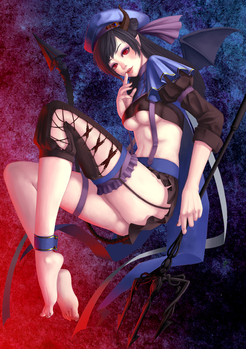 abstract_background ankle_cuffs armband backlighting bad_id bad_pixiv_id barefoot black_hair black_nails breasts crop_top demon_girl demon_horns demon_tail demon_wings eyeliner fangs feet full_body garter_straps gradient gradient_background hands hat highres horns kuryoe lips long_hair makeup medium_breasts microskirt nail_polish navel nose original parted_lips pleated_skirt pointy_ears polearm puffy_sleeves red_eyes ribbon skirt sleeves_rolled_up slit_pupils solo suspenders tail thigh_strap thighhighs trident underboob weapon wings