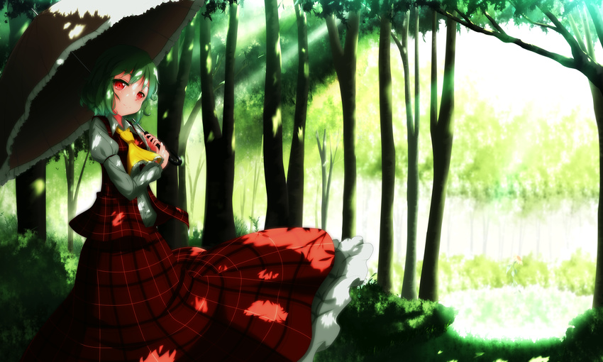 absurdres ascot forest frilled_skirt frills green_hair hana_(0458251551) highres kazami_yuuka looking_at_viewer nature parasol plaid plaid_skirt plaid_vest red_eyes shadow shirt short_hair skirt smile sunlight touhou umbrella vest