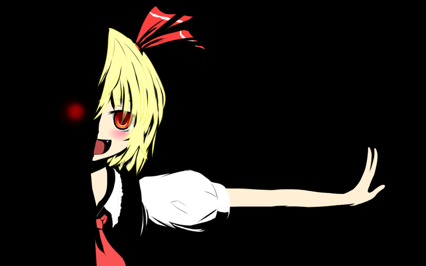 :d bad_id bad_pixiv_id black_background blonde_hair dark fang glowing glowing_eye hair_ribbon hana_(0458251551) open_mouth outstretched_arm puffy_short_sleeves puffy_sleeves red_eyes ribbon rumia short_hair short_sleeves smile touhou