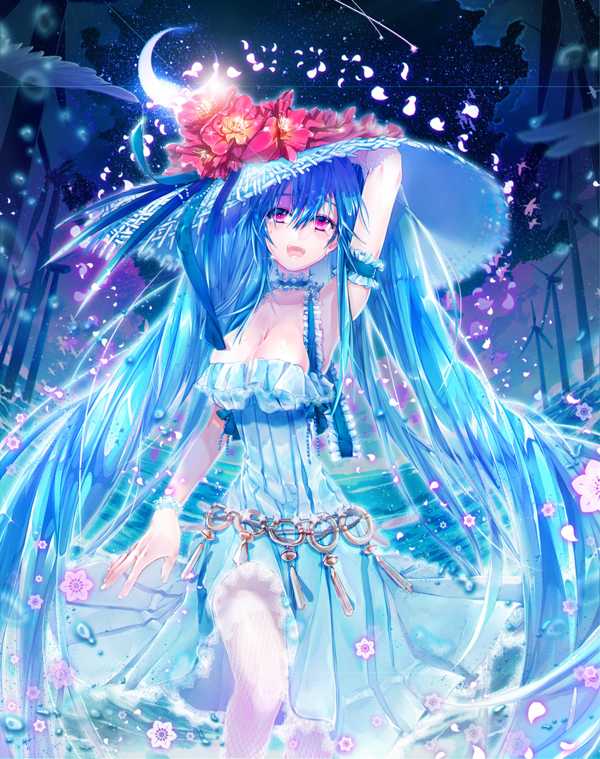 arm_strap bad_id bad_pixiv_id blue_hair breasts choker cleavage crescent_moon flower frills hat highres large_breasts long_hair luthica_preventer moon noa_(pyanhoa) open_mouth red_eyes smile solo sword_girls thighhighs twintails very_long_hair
