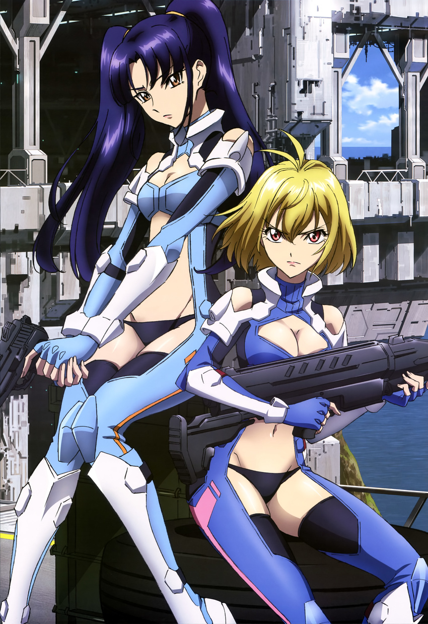 &gt;:( absurdres angelise_ikaruga_misurugi angry antenna_hair armor artist_request bangs bare_shoulders blonde_hair blue_hair bodysuit boots breasts brown_eyes center_opening cleavage cleavage_cutout cloud cross_ange fingerless_gloves fingernails frown gloves gun hair_between_eyes handgun hands_together highres holding knees_together_feet_apart long_fingernails long_hair long_legs looking_at_viewer midriff multiple_girls navel non-web_source nyantype ocean official_art outdoors parted_bangs red_eyes rifle salia_(cross_ange) scan scrunchie short_hair sitting sky small_breasts turtleneck twintails v-shaped_eyebrows v_arms water weapon