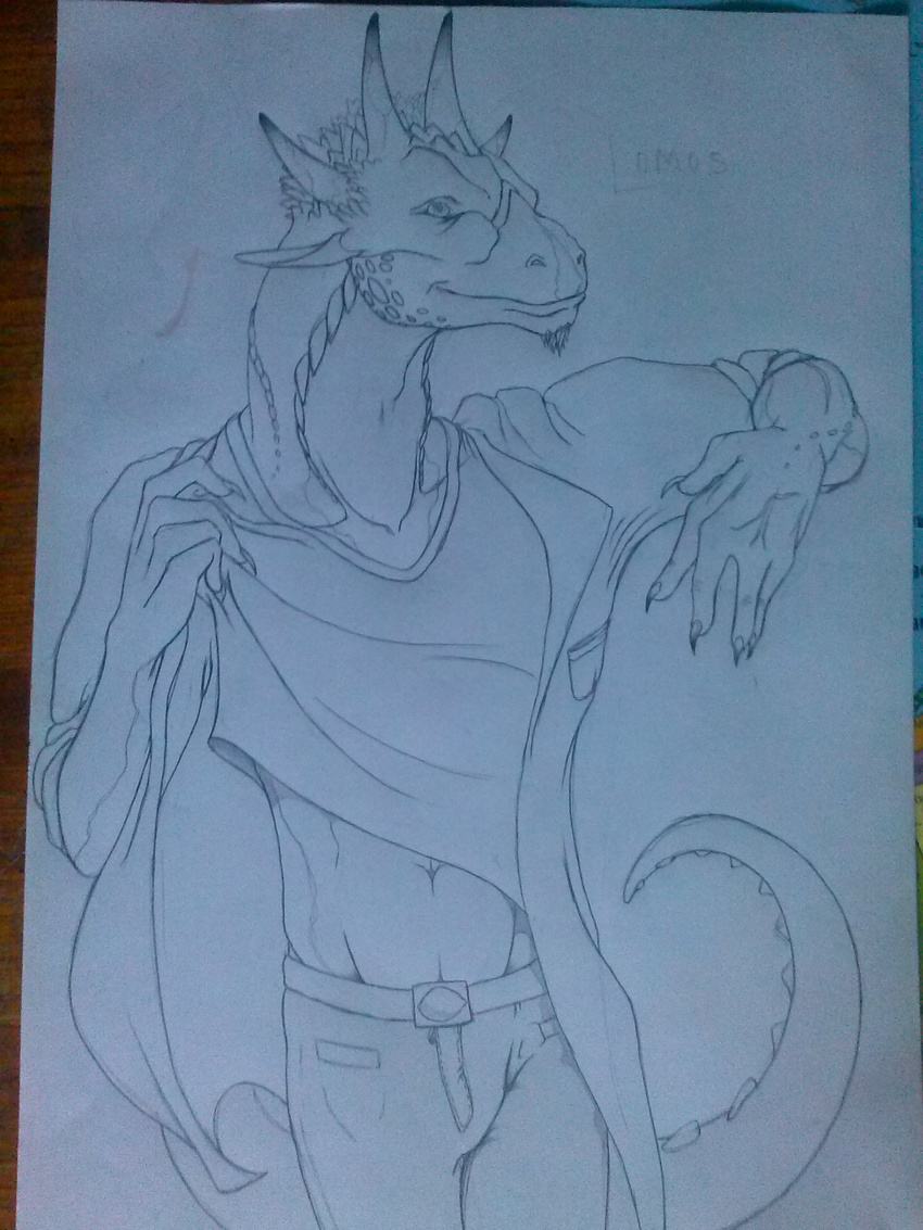 absurd_res clothed clothing dragon hi_res horn lemon lomos male smile solo standing tagme unkown_artist