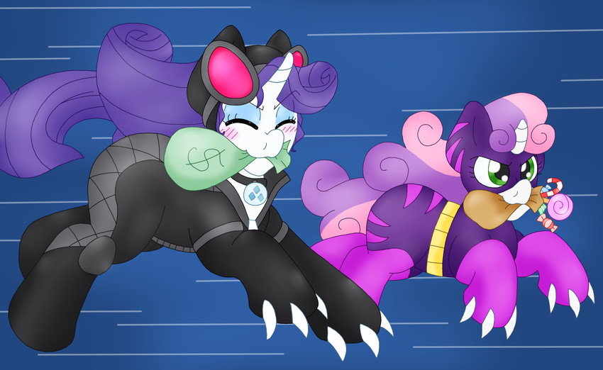 animal_ears batman_(series) blackbewhite2k7 cat_ears catgirl catwoman clothing crossover duo female friendship_is_magic horn my_little_pony rarity_(mlp) sweetie_belle_(mlp)