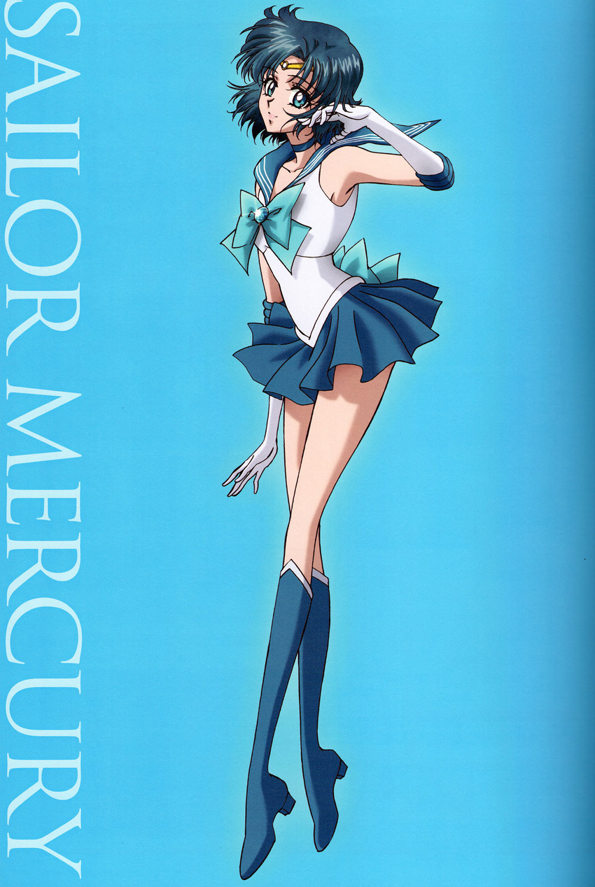 back_bow bishoujo_senshi_sailor_moon bishoujo_senshi_sailor_moon_crystal blue_background blue_bow blue_choker blue_eyes blue_footwear blue_hair blue_sailor_collar blue_skirt boots bow brooch choker circlet elbow_gloves gloves highres jewelry knee_boots magical_girl mizuno_ami official_art pleated_skirt sailor_collar sailor_mercury sailor_senshi_uniform sakou_yukie short_hair skirt solo white_gloves