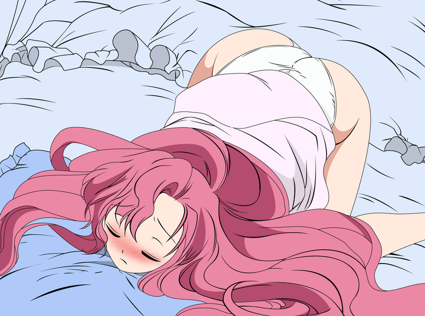 1girl all_fours artist_request ass bed blush code_geass euphemia_li_britannia eyes_closed long_hair nightgown panties pillow pink_hair top-down_bottom-up underwear very_long_hair white_panties